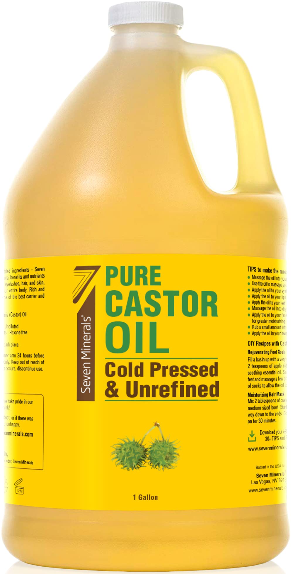 Seven Minerals Unrefined Hexane-Free Castor Oil, 128 oz – Hair Growth, Lash & Brow Conditioning, Dry Skin