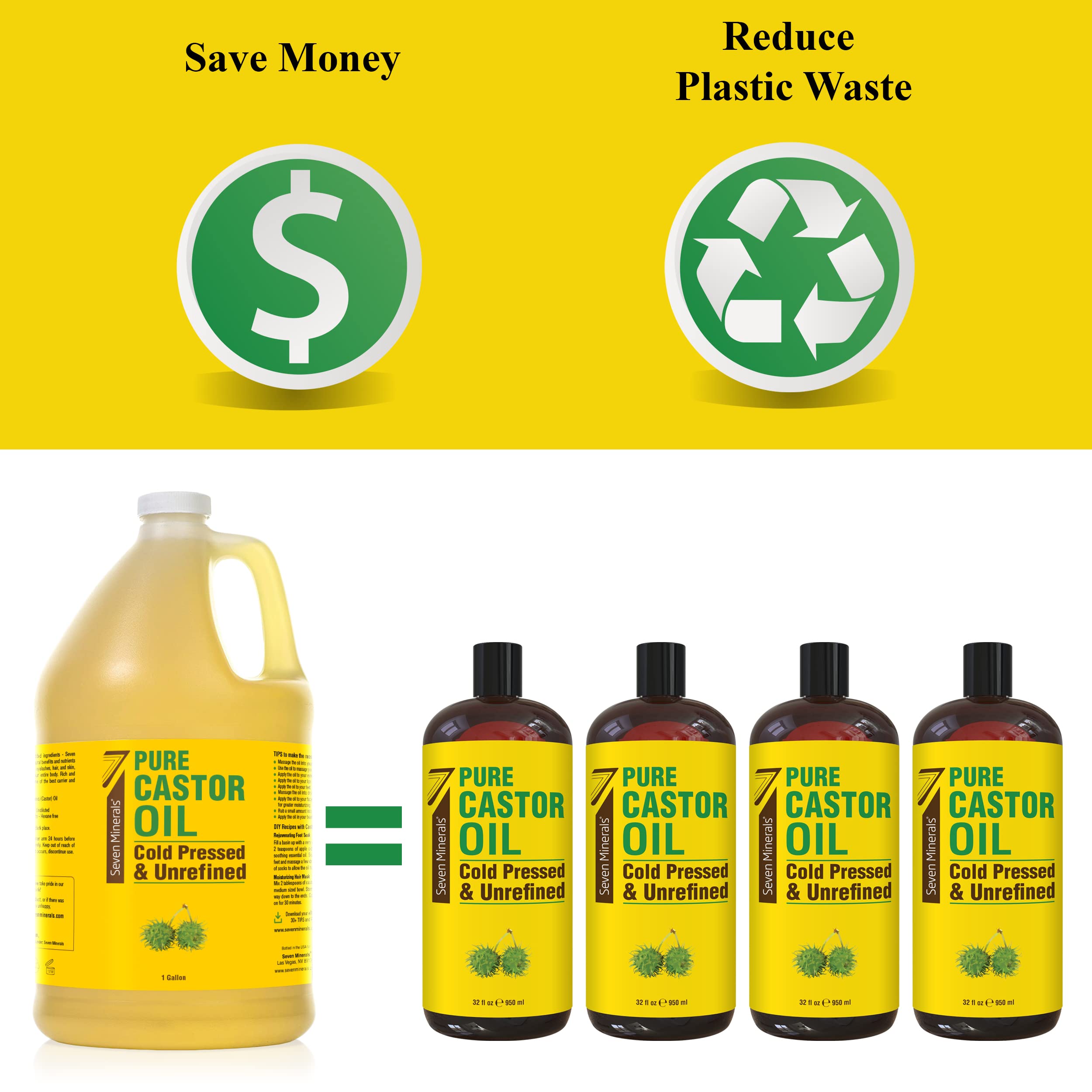 Seven Minerals Unrefined Hexane-Free Castor Oil, 128 oz – Hair Growth, Lash & Brow Conditioning, Dry Skin