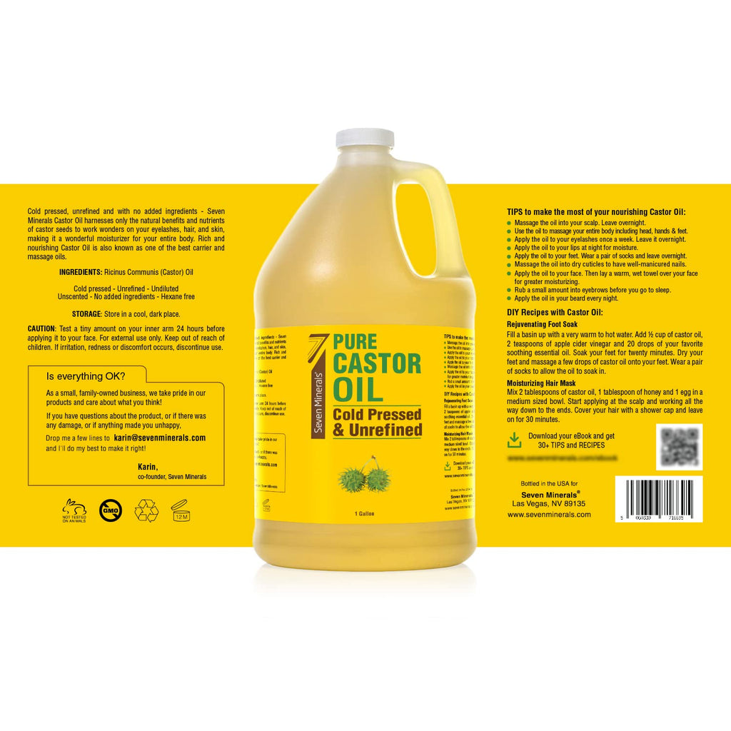 Seven Minerals Unrefined Hexane-Free Castor Oil, 128 oz – Hair Growth, Lash & Brow Conditioning, Dry Skin