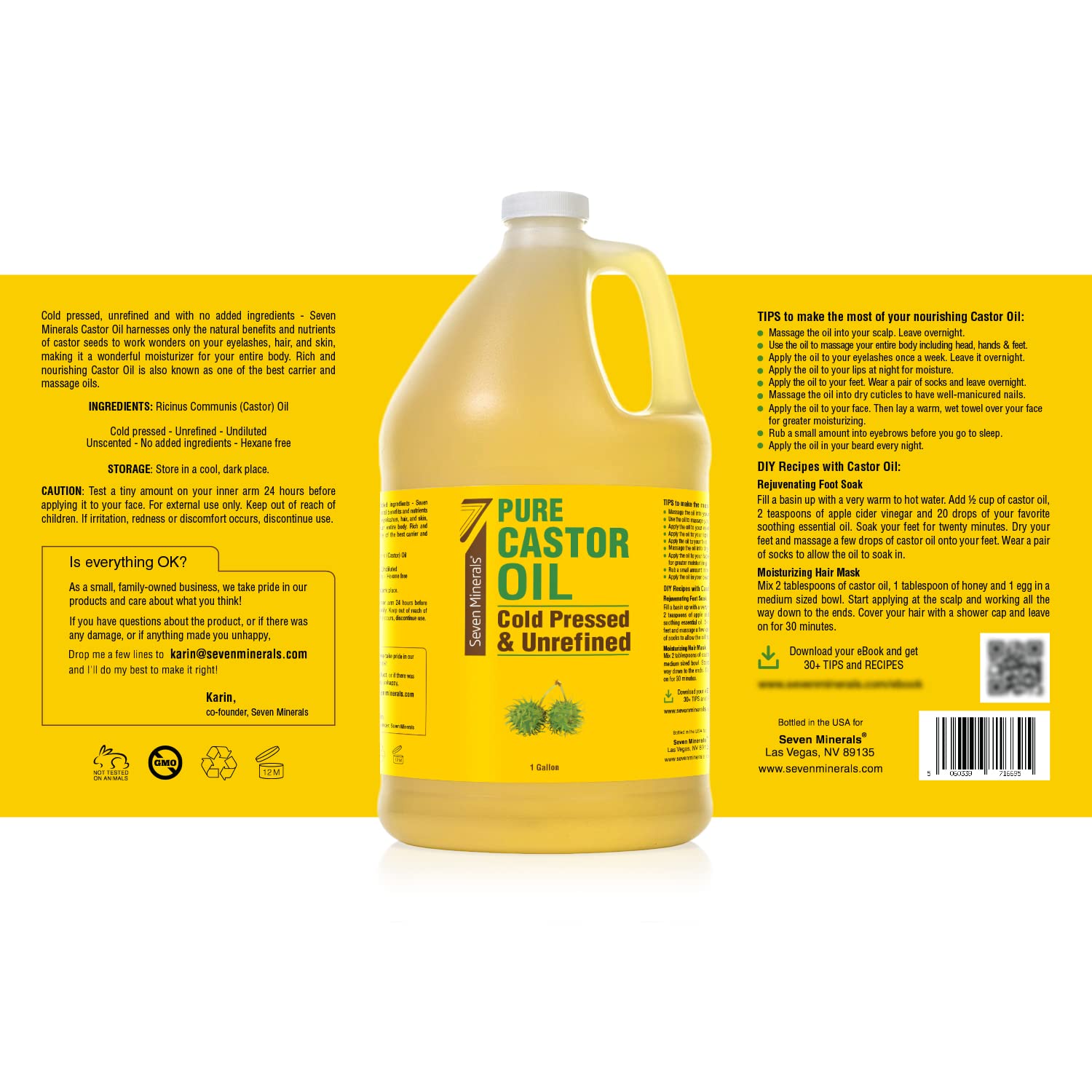 Seven Minerals Unrefined Hexane-Free Castor Oil, 128 oz – Hair Growth, Lash & Brow Conditioning, Dry Skin