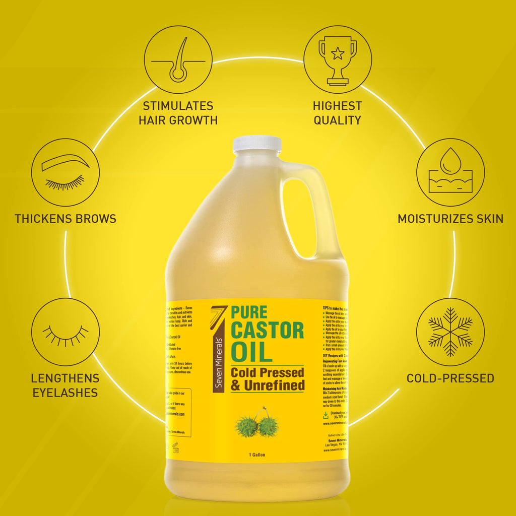 Seven Minerals Unrefined Hexane-Free Castor Oil, 128 oz – Hair Growth, Lash & Brow Conditioning, Dry Skin