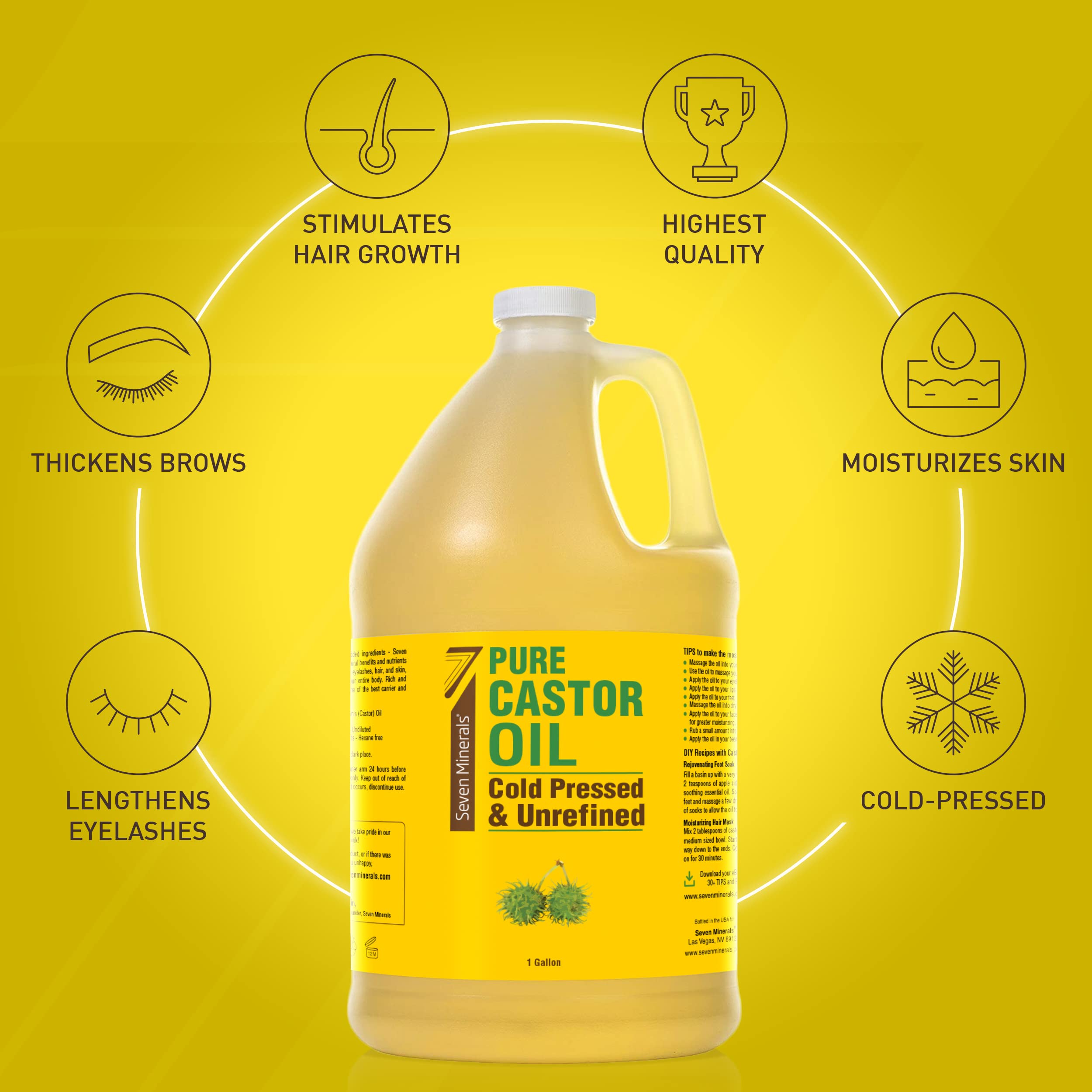 Seven Minerals Unrefined Hexane-Free Castor Oil, 128 oz – Hair Growth, Lash & Brow Conditioning, Dry Skin