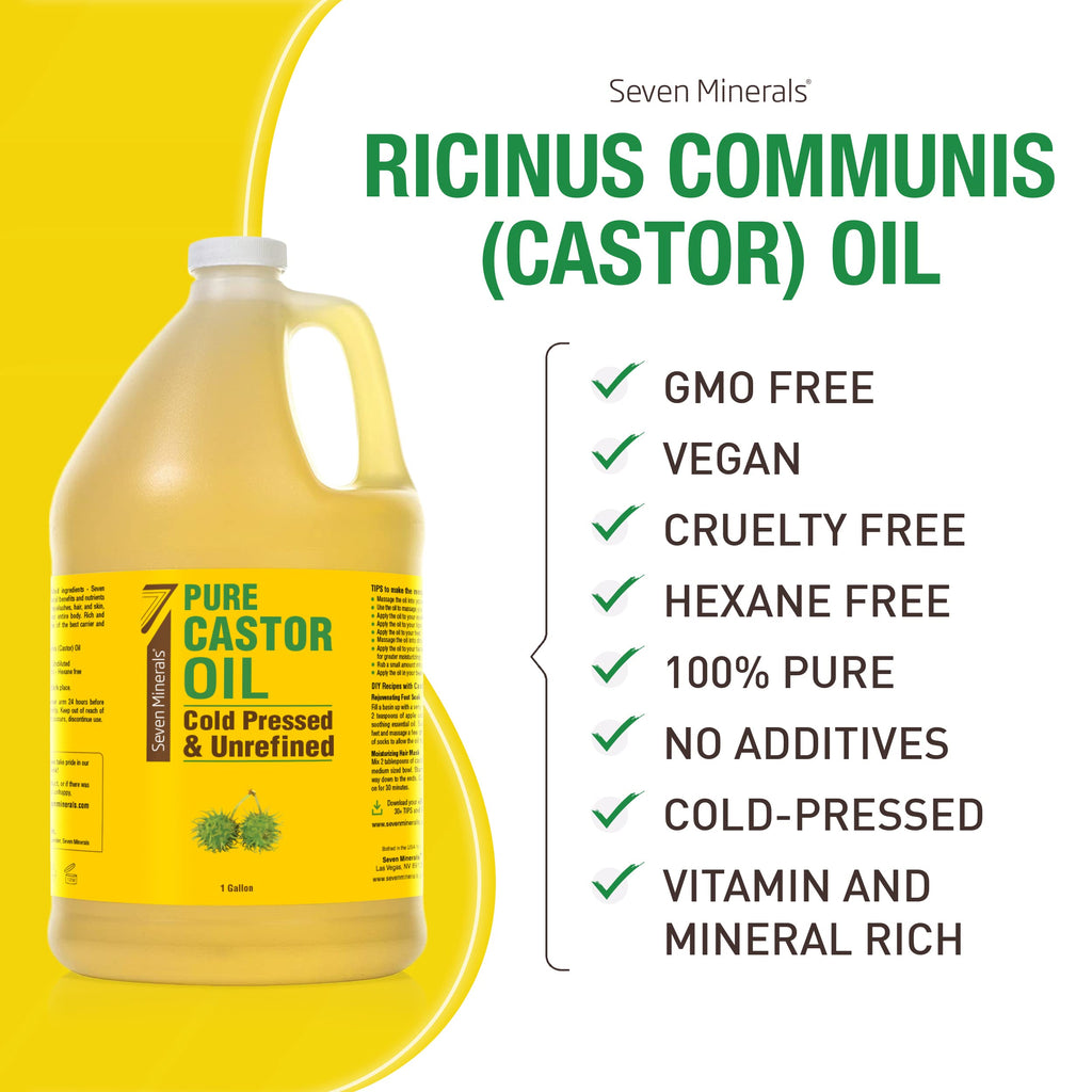 Seven Minerals Unrefined Hexane-Free Castor Oil, 128 oz – Hair Growth, Lash & Brow Conditioning, Dry Skin