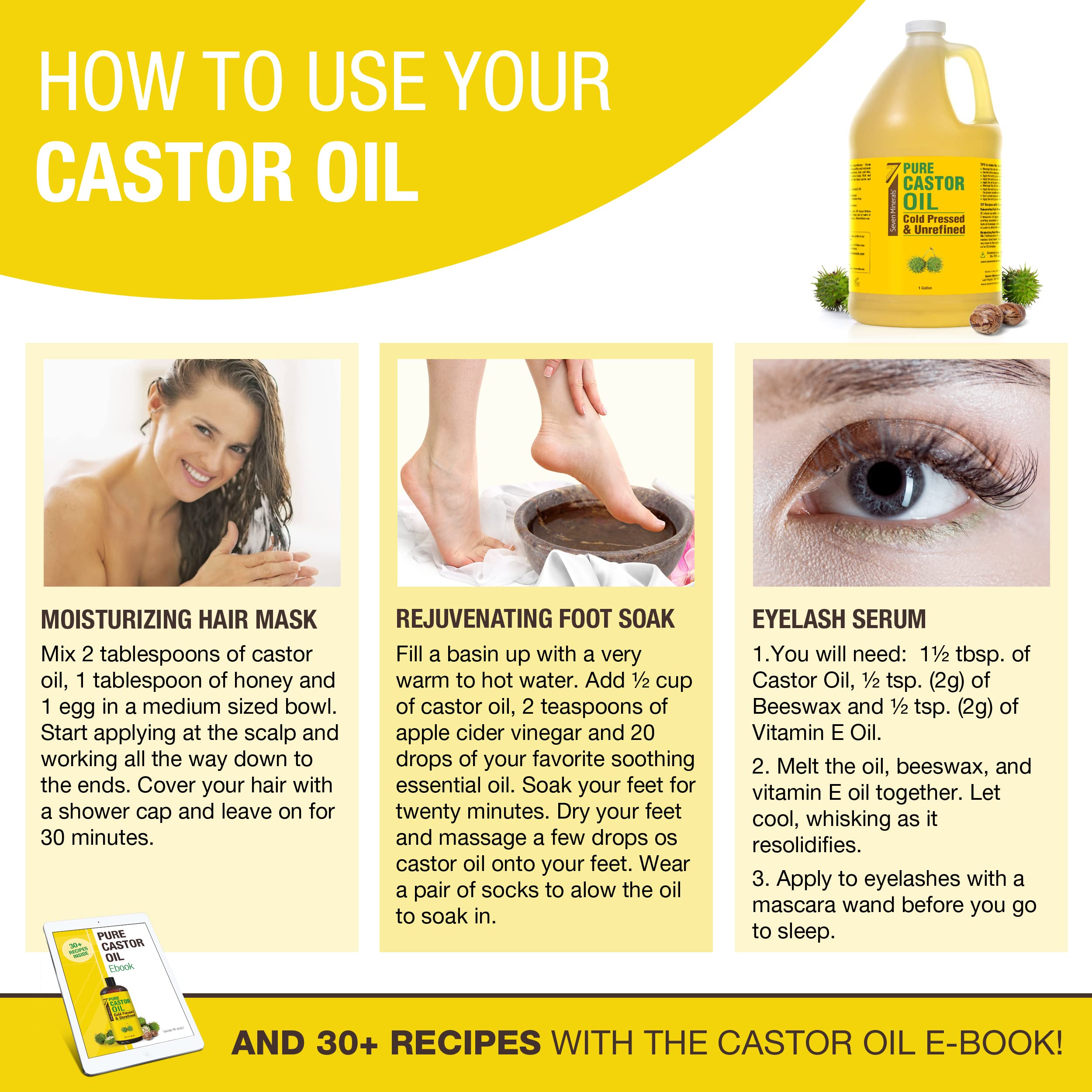 Seven Minerals Unrefined Hexane-Free Castor Oil, 128 oz – Hair Growth, Lash & Brow Conditioning, Dry Skin