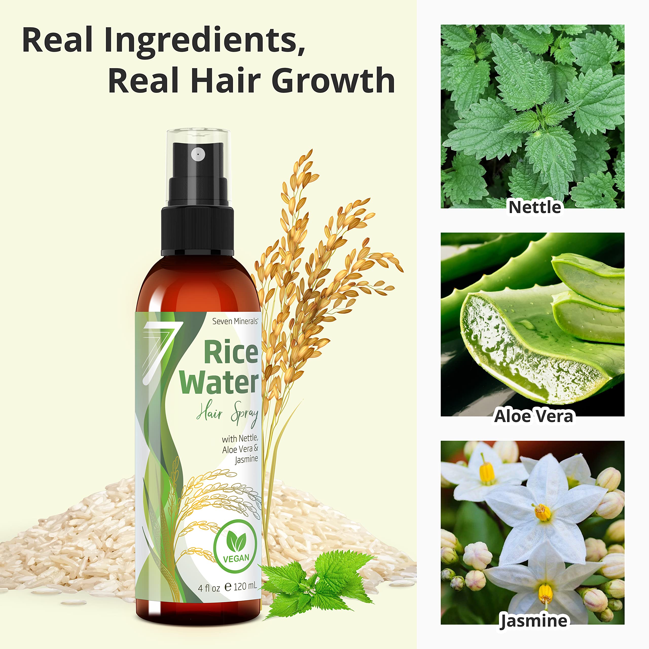 Seven Minerals Fermented Rice Water Spray for Hair Growth – Nettle, Aloe Vera & Jasmine | Vegan, Non-Greasy (4 oz)