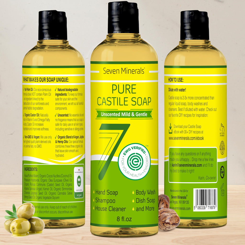 Seven Minerals Pure Castile Soap – No Palm Oil, GMO-Free, Gentle Liquid Soap for Sensitive Skin & Baby (8 oz)