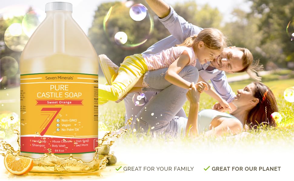 Seven Minerals Pure Castile Soap, Sweet Orange 64oz — Palm Oil Free, GMO-Free, Gentle Baby Wash