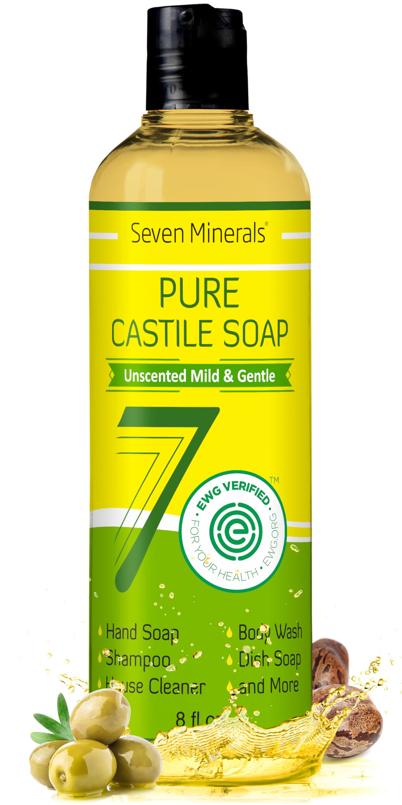 Seven Minerals Pure Castile Soap – No Palm Oil, GMO-Free, Gentle Liquid Soap for Sensitive Skin & Baby (8 oz)