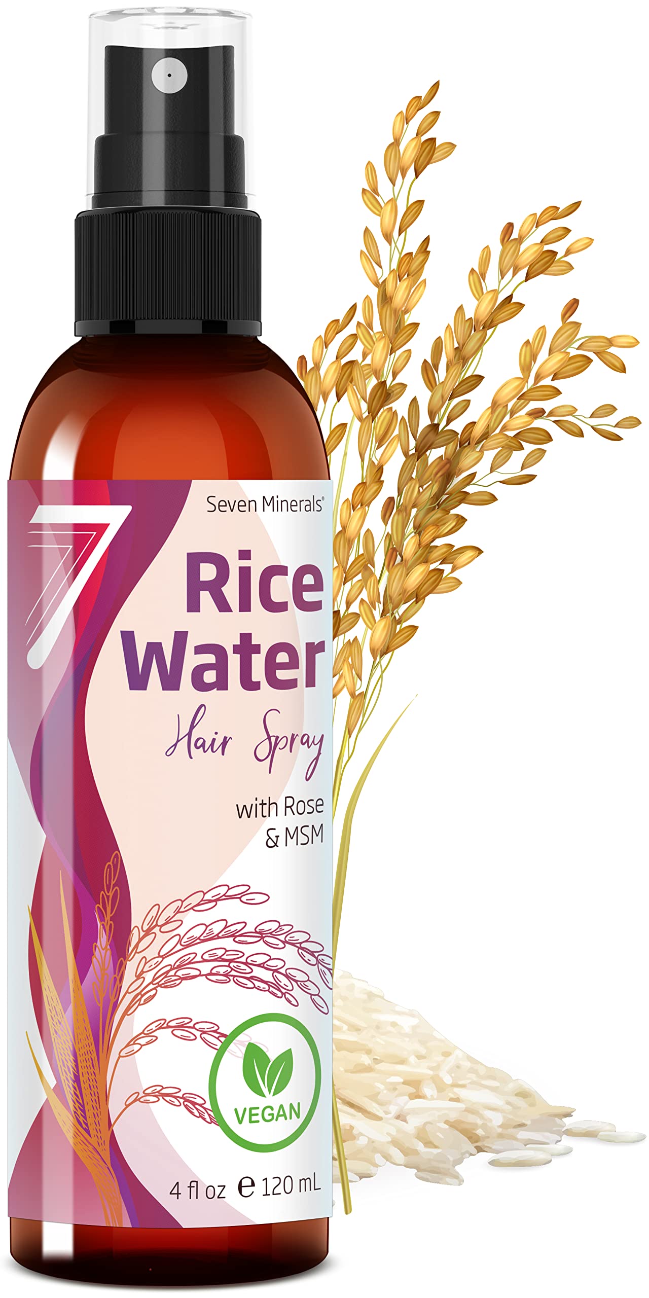 Seven Minerals Rice Water Spray for Hair Growth – Fermented Rose Water, Aloe Vera & MSM – Vegan, Non-Greasy, 4 oz