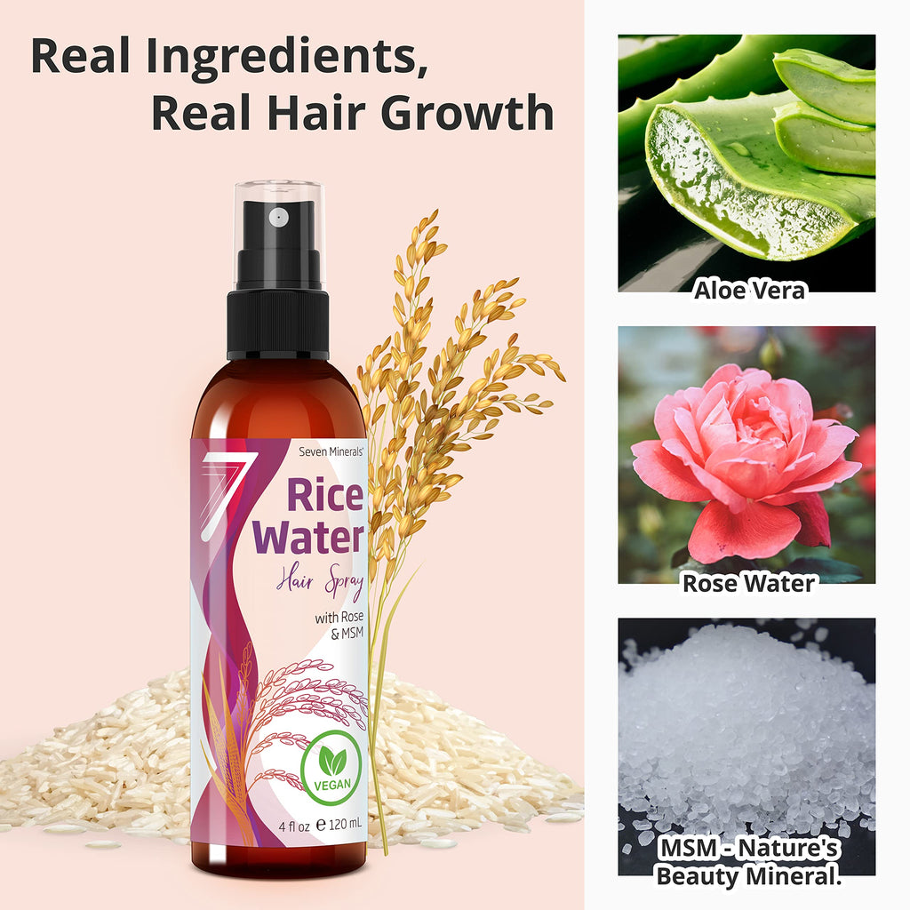 Seven Minerals Rice Water Spray for Hair Growth – Fermented Rose Water, Aloe Vera & MSM – Vegan, Non-Greasy, 4 oz