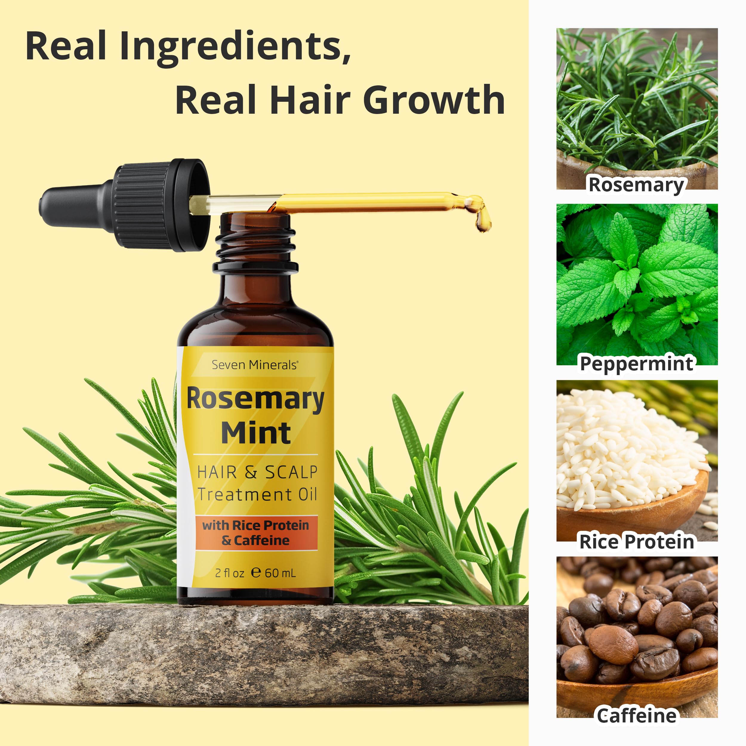 Seven Minerals Rosemary Hair Growth Oil – Rice Protein, Caffeine & Mint, 2 oz