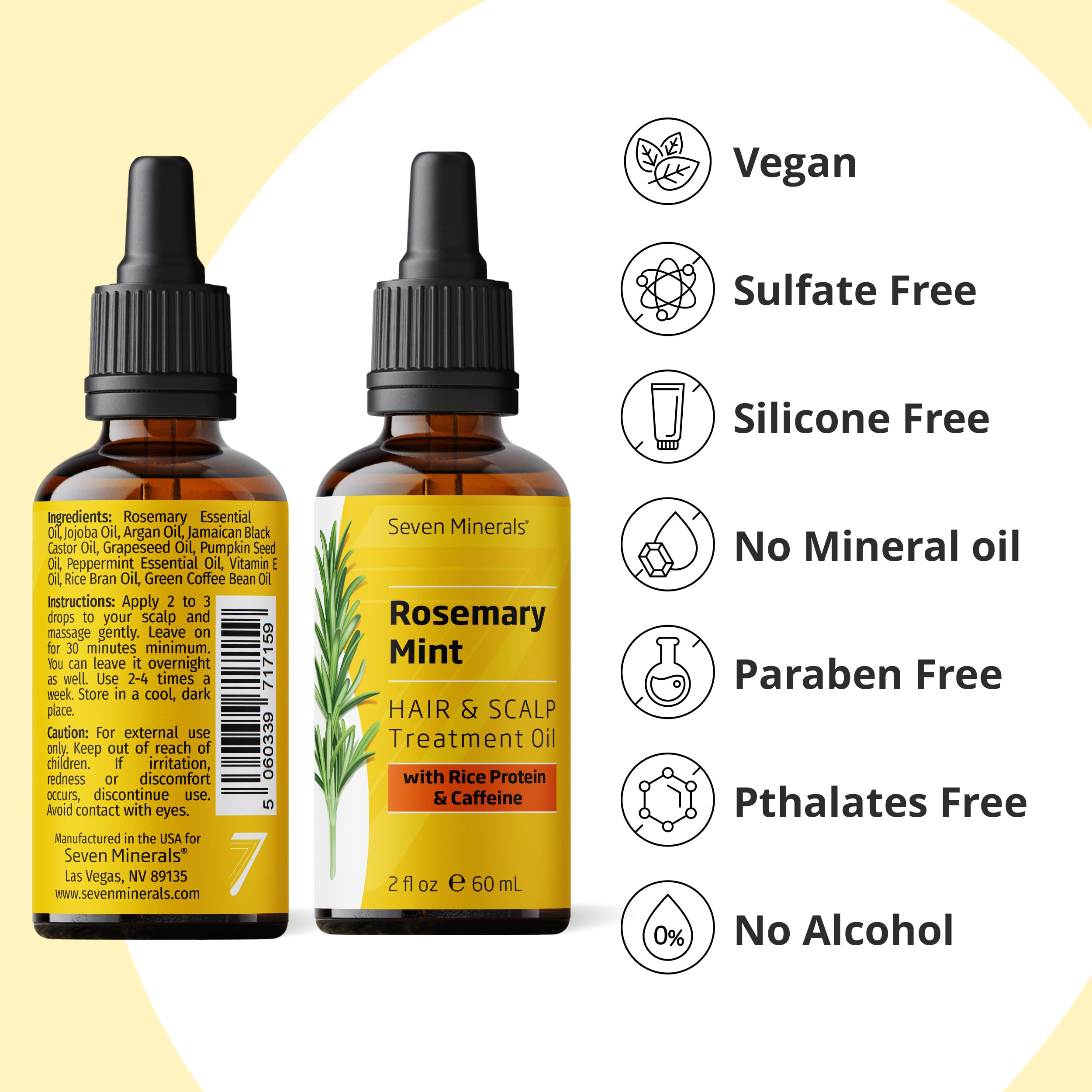 Seven Minerals Rosemary Hair Growth Oil – Rice Protein, Caffeine & Mint, 2 oz