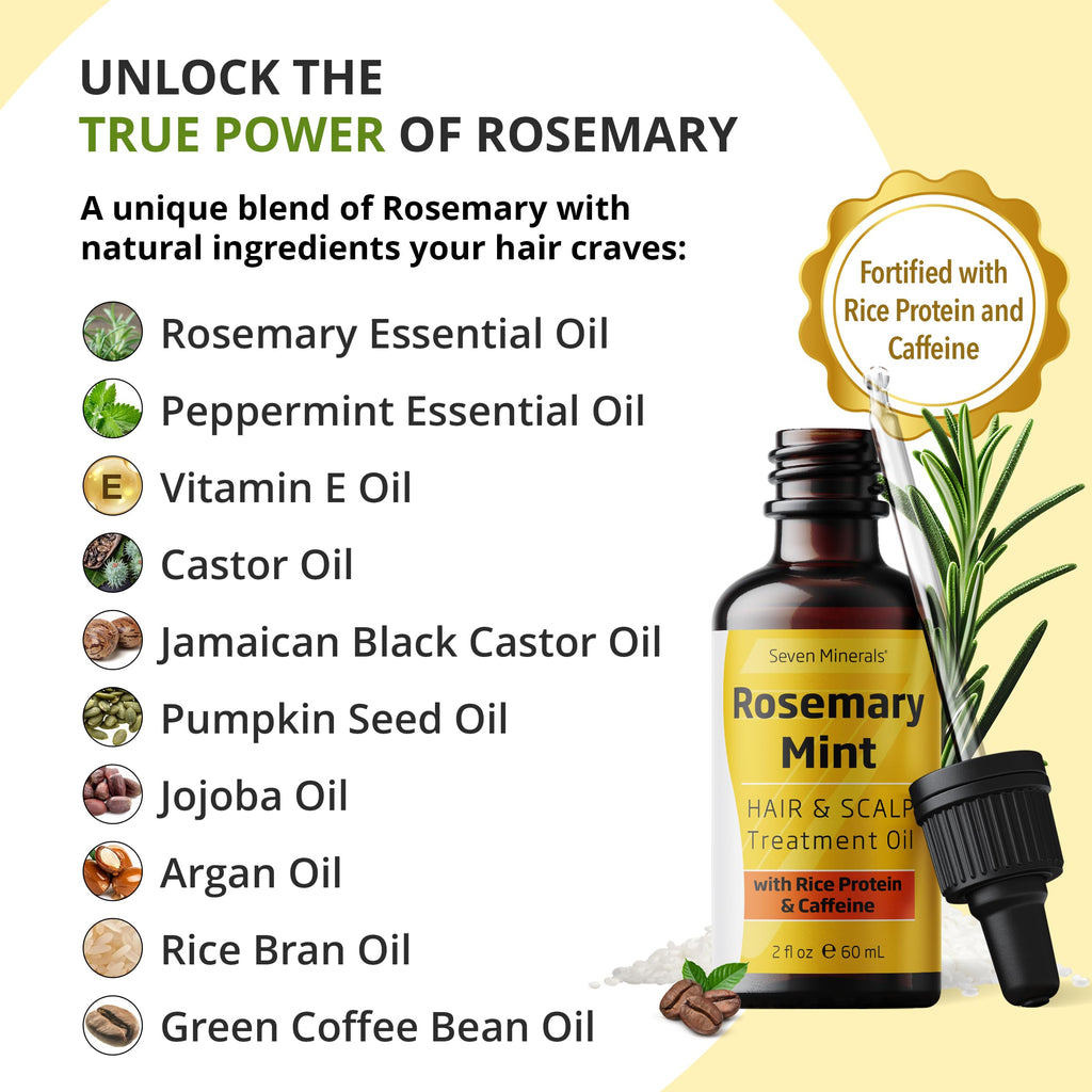 Seven Minerals Rosemary Hair Growth Oil – Rice Protein, Caffeine & Mint, 2 oz