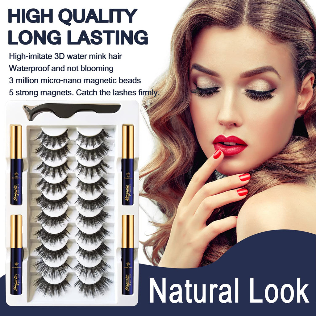 SevenCrown Magnetic Lashes Kit: 10 Pairs, 3D Medium Cat Eye, Upgraded Magnetic Liner