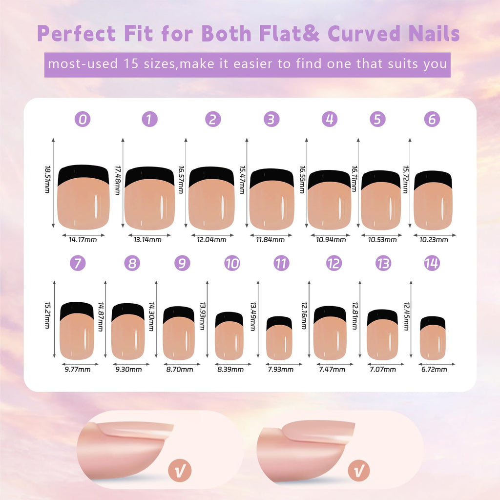 Sevgob 150Pcs Black French Tip Press-On Nails - Exit Short Square Nude Glossy Reusable Gel Nail Tips