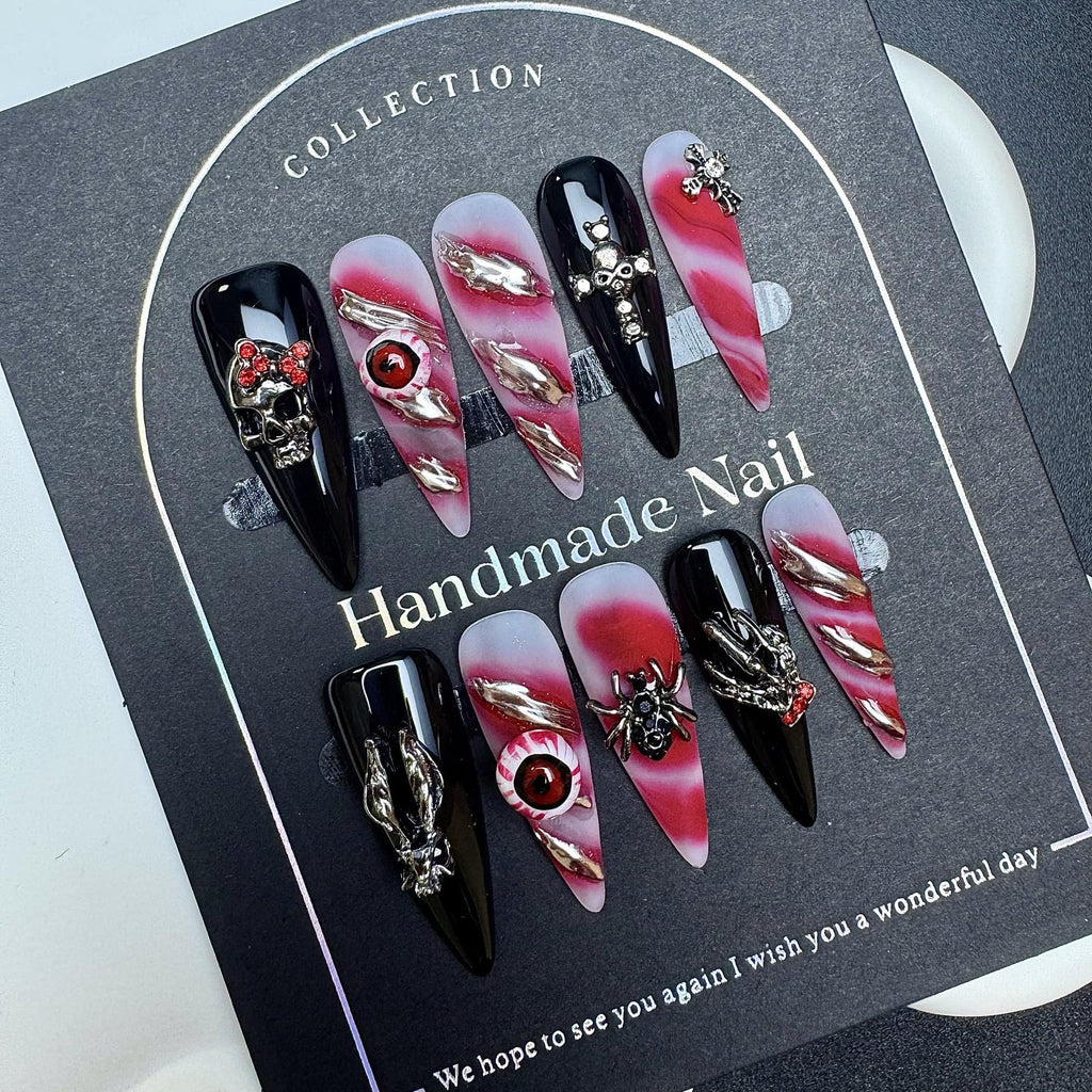 Sevgob 5D Handmade Press-On Nails – Black Long Stiletto Gothic Halloween Nails with Skeleton Evil Eye & Spider Charms