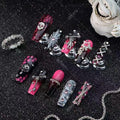 Sevgob 100% Handmade Halloween Press-On Nails – Long Coffin with Skeleton & Pumpkin Charms, Ombre Pink to Black