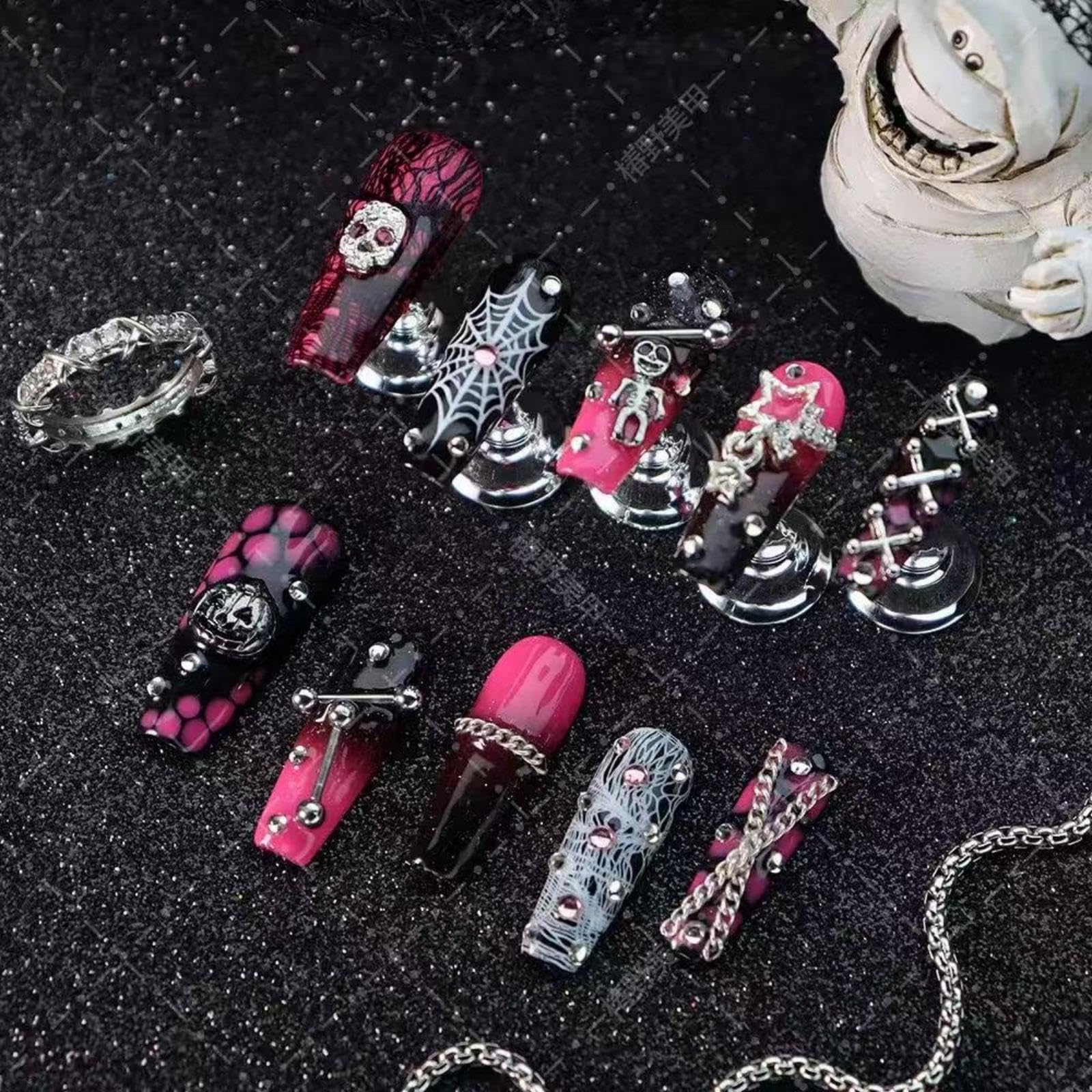 Sevgob 100% Handmade Halloween Press-On Nails – Long Coffin with Skeleton & Pumpkin Charms, Ombre Pink to Black