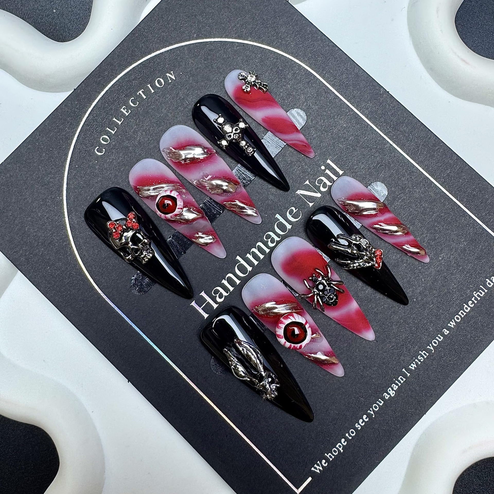 Sevgob 5D Handmade Press-On Nails – Black Long Stiletto Gothic Halloween Nails with Skeleton Evil Eye & Spider Charms