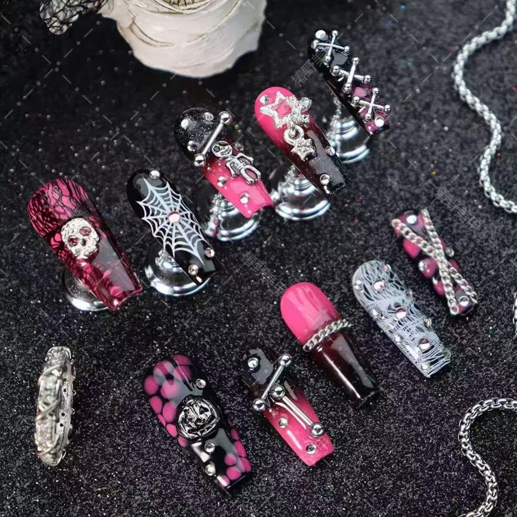 Sevgob 100% Handmade Halloween Press-On Nails – Long Coffin with Skeleton & Pumpkin Charms, Ombre Pink to Black