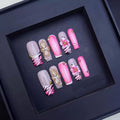 Sevgob 5D Handmade Press On Nails – Pink Flower Long Square Embossed Floral (10 Pcs)
