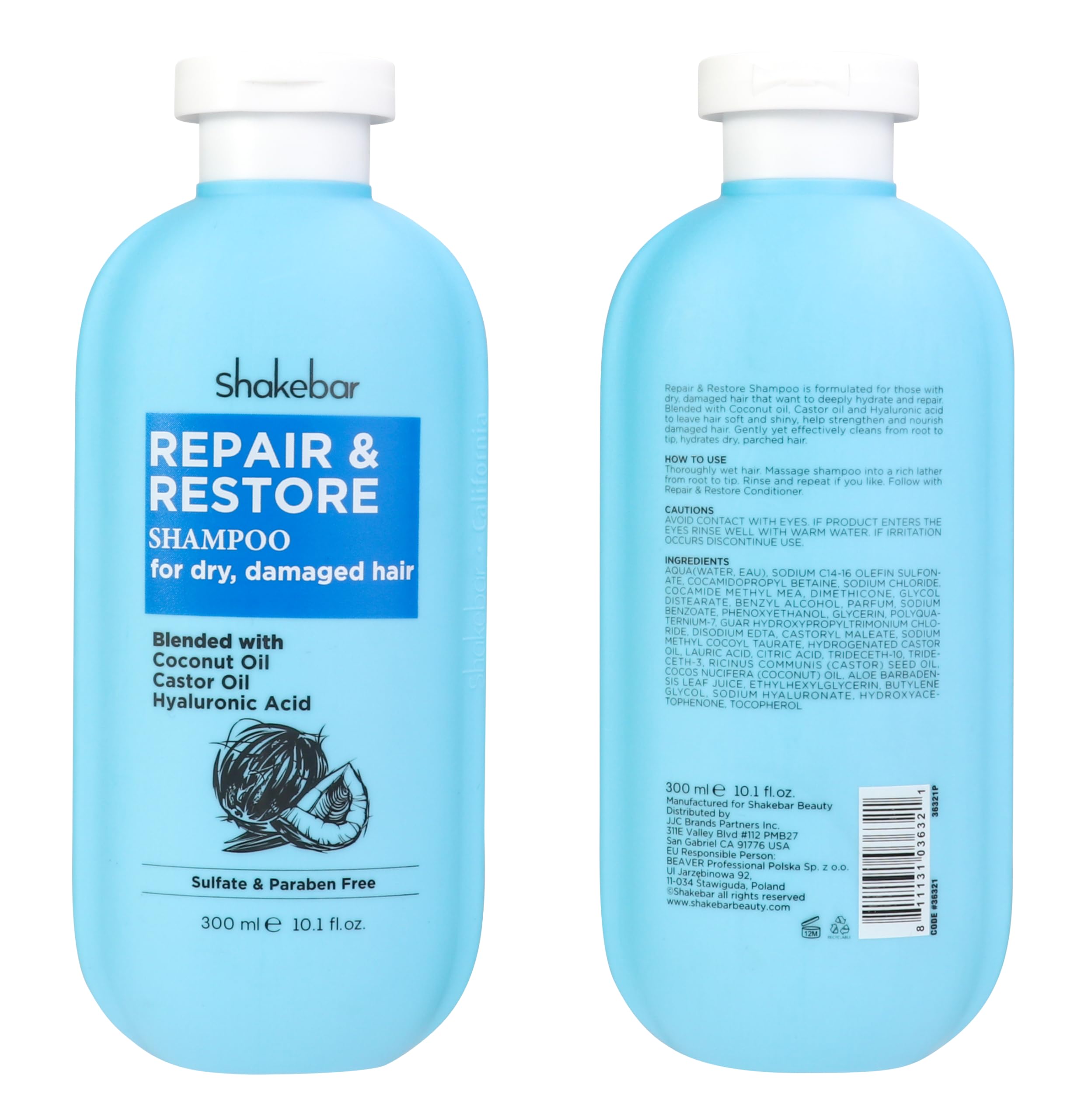 SHAKEBAR Coconut Shampoo & Conditioner with Castor Oil – Hydration, Sulfate-Free, 300ml (10.1 fl oz)
