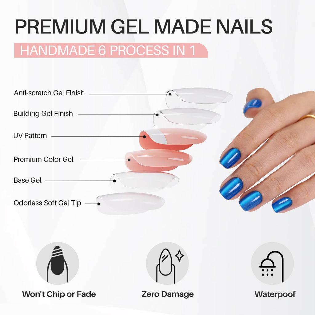 ShangMeng Blue Cat Eye Press-On Nails Square - Short Gel Nails Royal Blue, 32 Reusable, 16 Sizes
