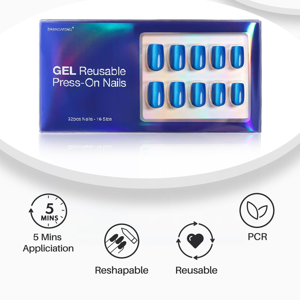 ShangMeng Blue Cat Eye Press-On Nails Square - Short Gel Nails Royal Blue, 32 Reusable, 16 Sizes