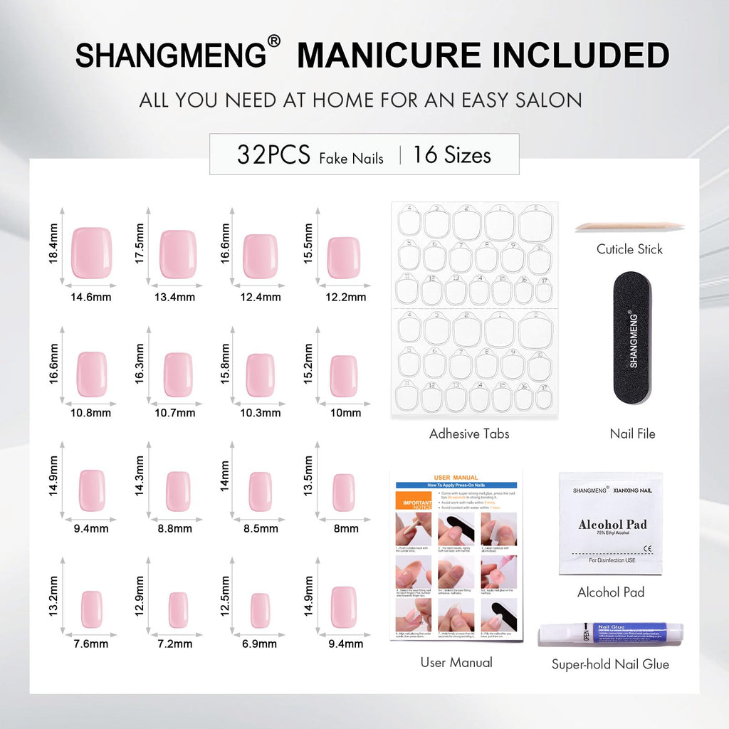 ShangMeng Pink Chrome Press-On Nails – Square Soft Gel, 32 Reusable Nails, 16 Sizes, Aurora Light Pink