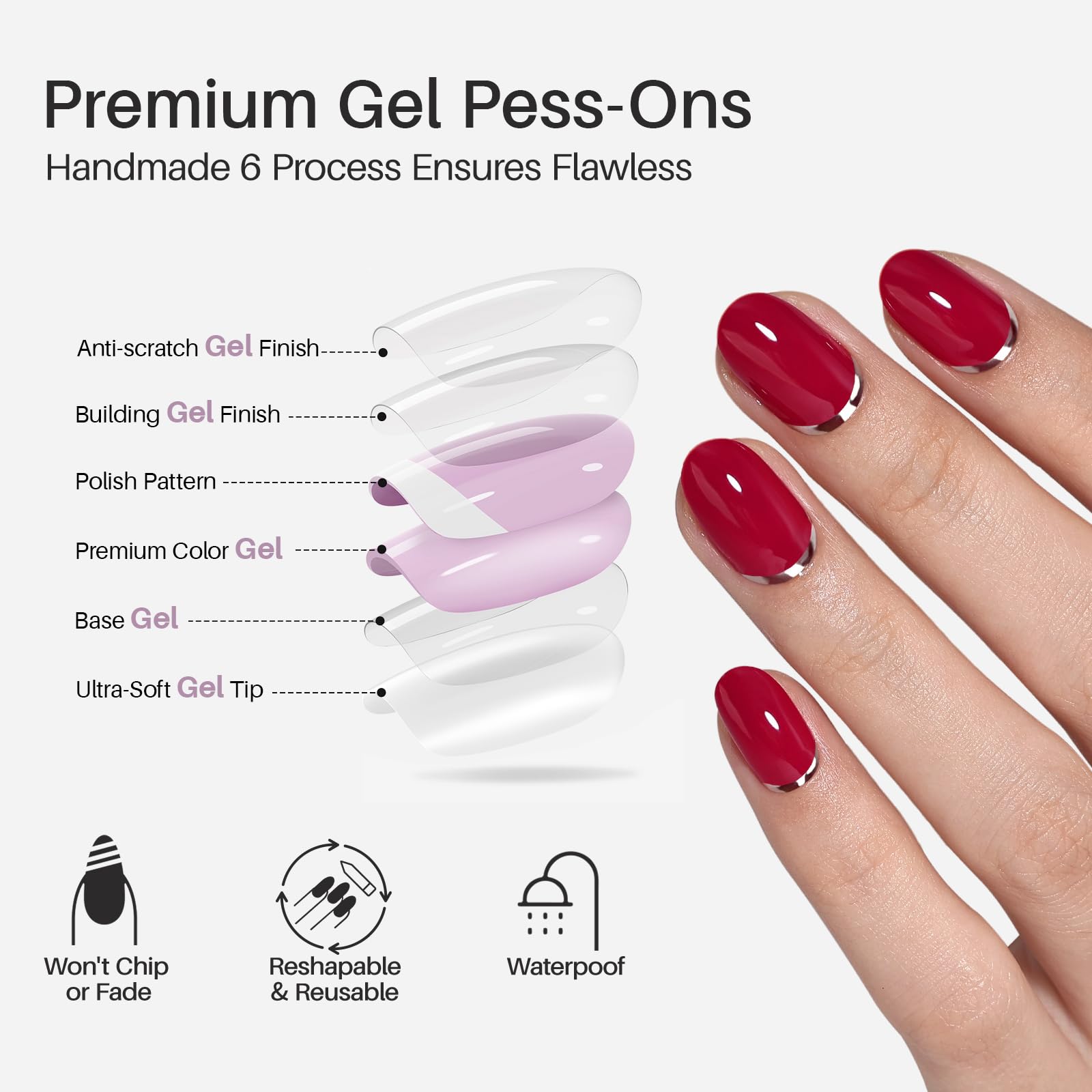 ShangMeng Red Press On Nails Oval | Soft Gel 3D Silver Foil | 32 Reusable Nails Kit