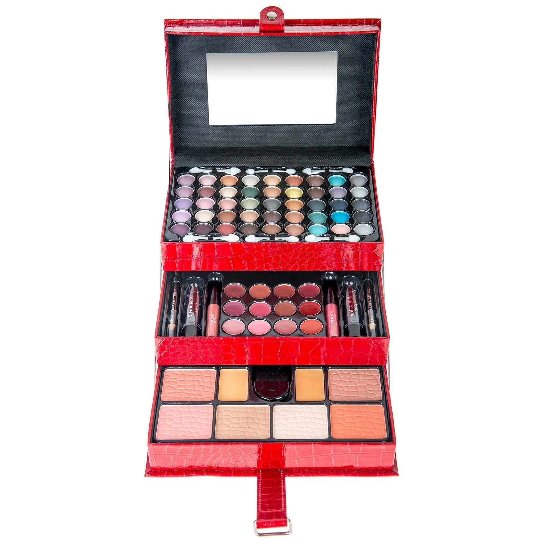 SHANY All In One Makeup Set - 67 Colors Eyeshadow, Blush, Face Powder, Lipstick & Liners in Reusable Red Train Case