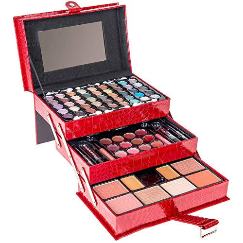 SHANY All In One Makeup Set - 67 Colors Eyeshadow, Blush, Face Powder, Lipstick & Liners in Reusable Red Train Case