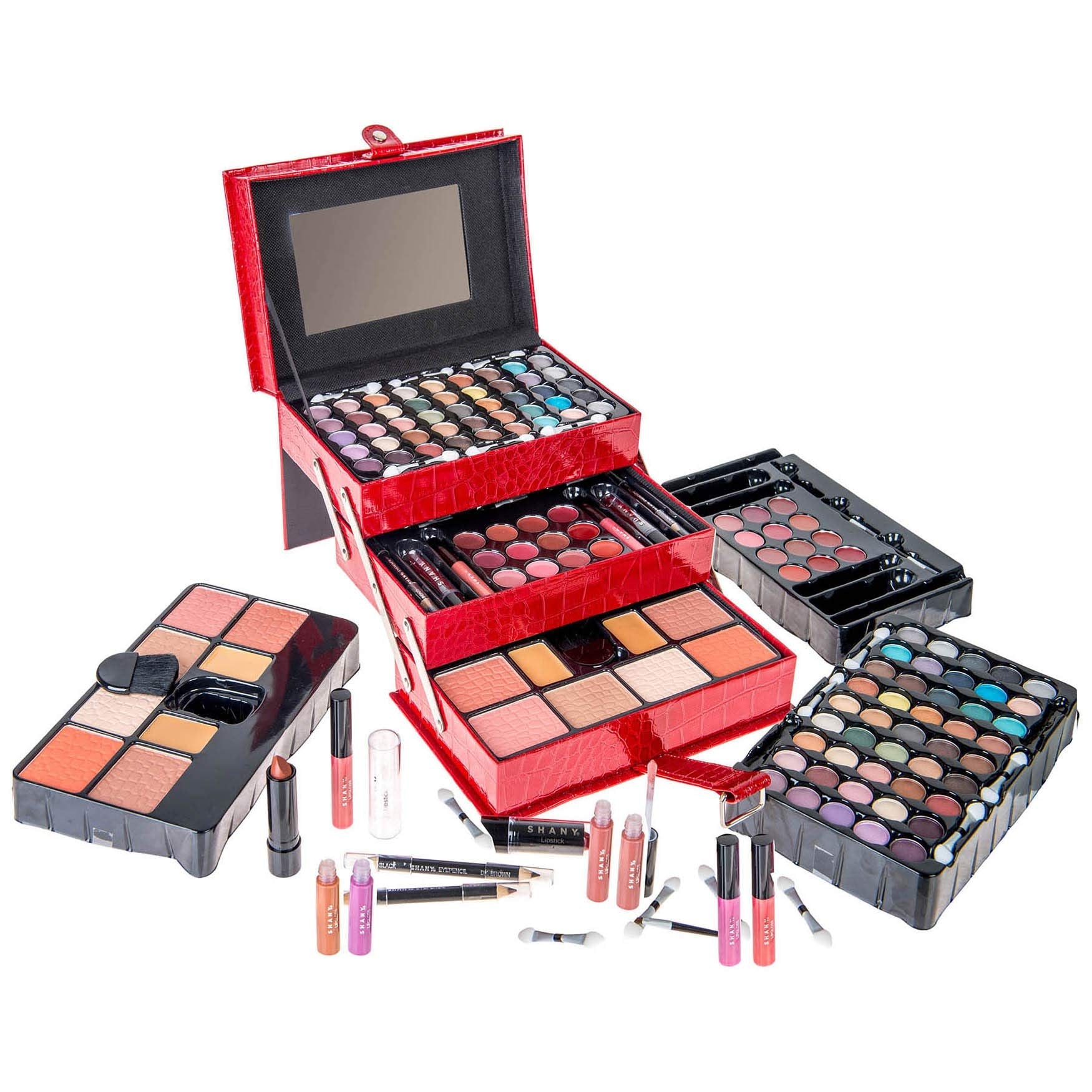 SHANY All In One Makeup Set - 67 Colors Eyeshadow, Blush, Face Powder, Lipstick & Liners in Reusable Red Train Case