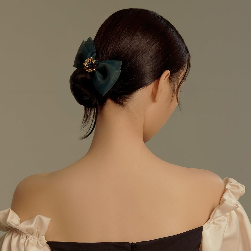 SHE'S FREE STYLE JUST FOR YOU Multi-layer Bow Hair Clip – Van Gogh Sunflower Beaded Crystal Clip, Green