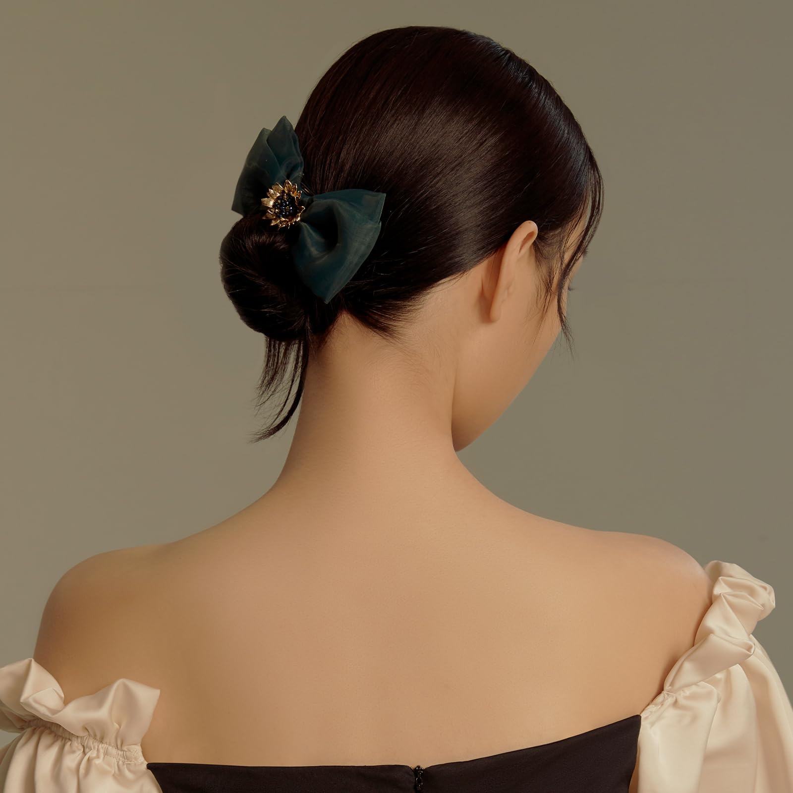 SHE'S FREE STYLE JUST FOR YOU Multi-layer Bow Hair Clip – Van Gogh Sunflower Beaded Crystal Clip, Green