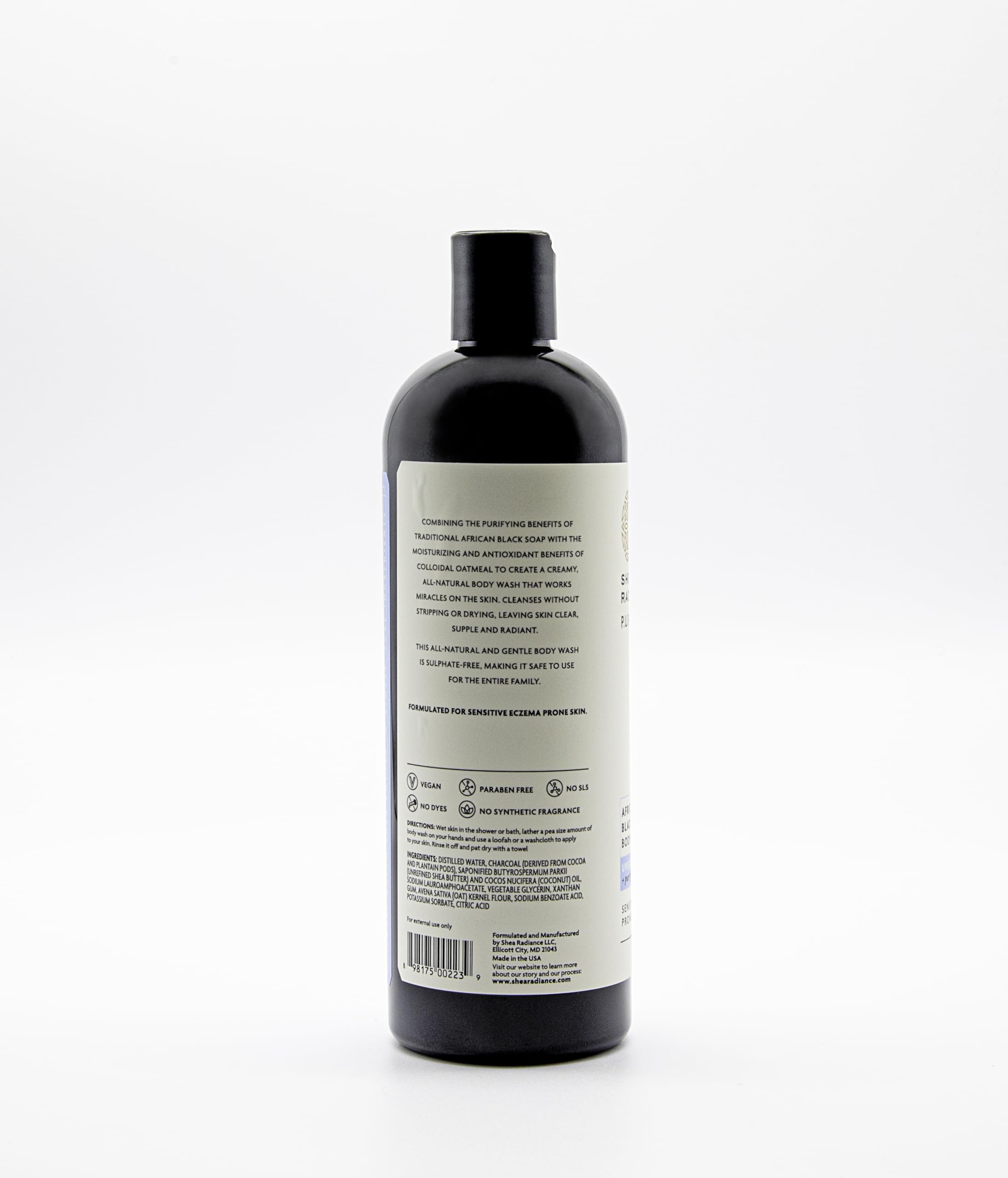 Shea Radiance African Black Soap Body Wash – Unscented (16 oz) | Dry Skin, Eczema & Blemish Cleanser