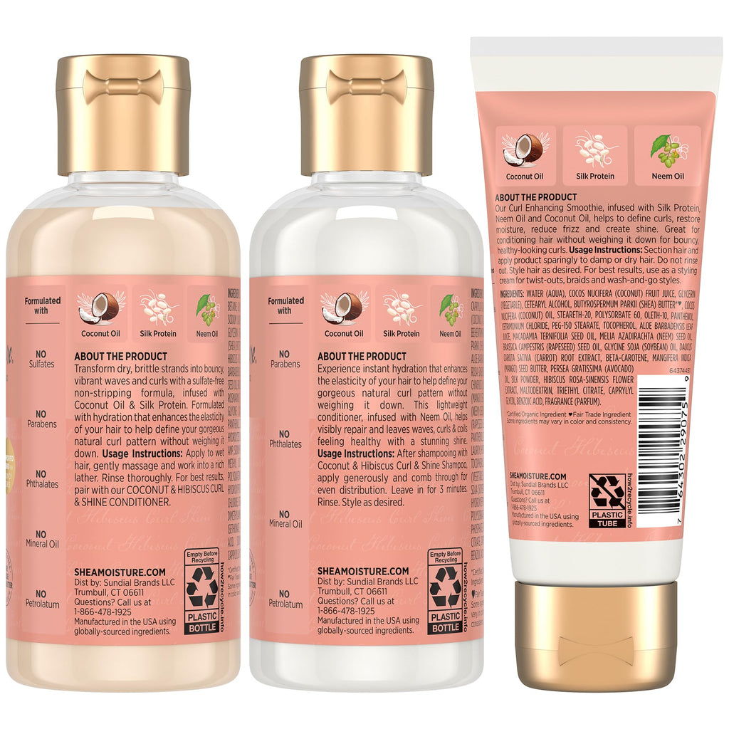 SheaMoisture Travel Essentials Hair Care Bundle – Coconut & Hibiscus Shampoo, Conditioner, Curl Enhancing Smoothie