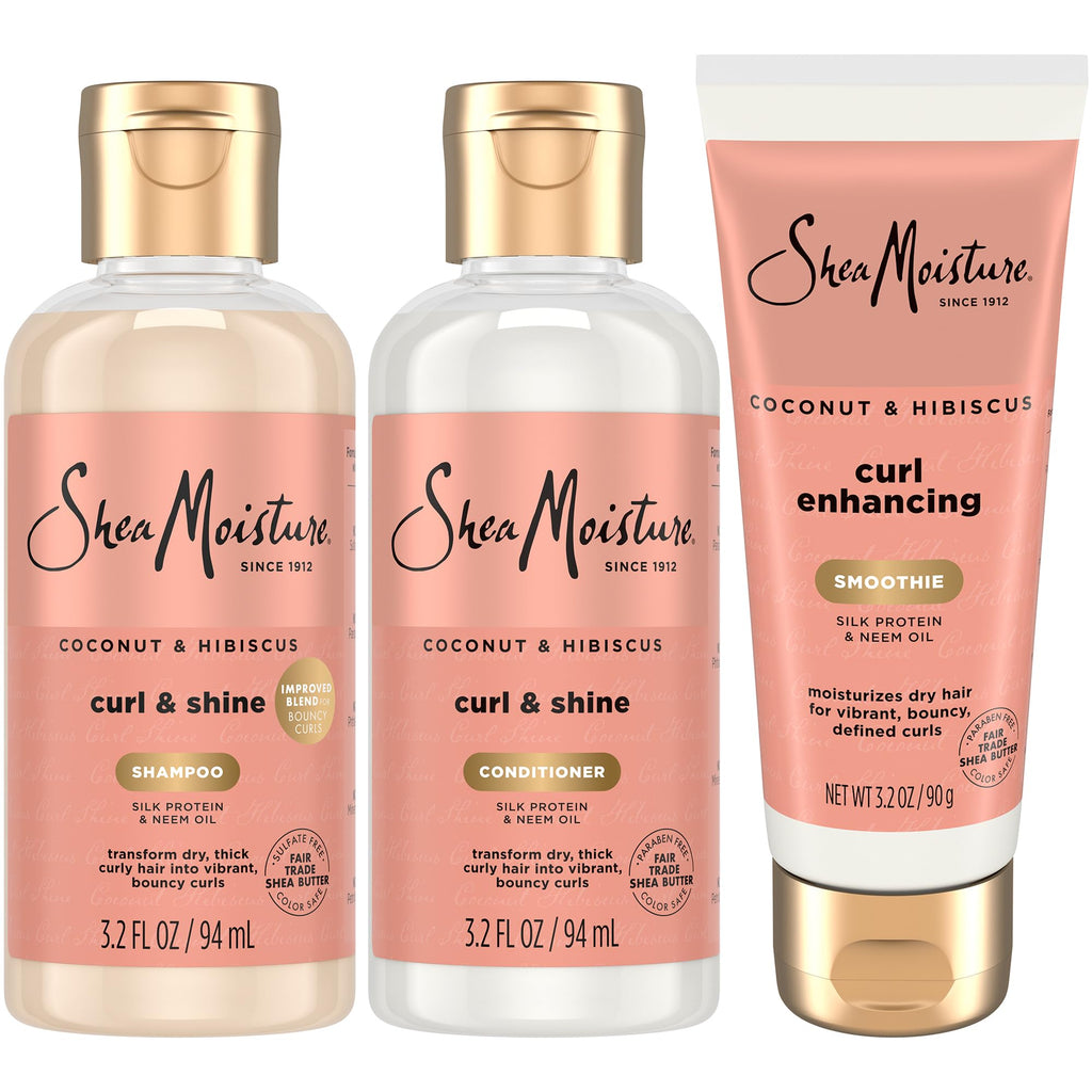 SheaMoisture Travel Essentials Hair Care Bundle – Coconut & Hibiscus Shampoo, Conditioner, Curl Enhancing Smoothie
