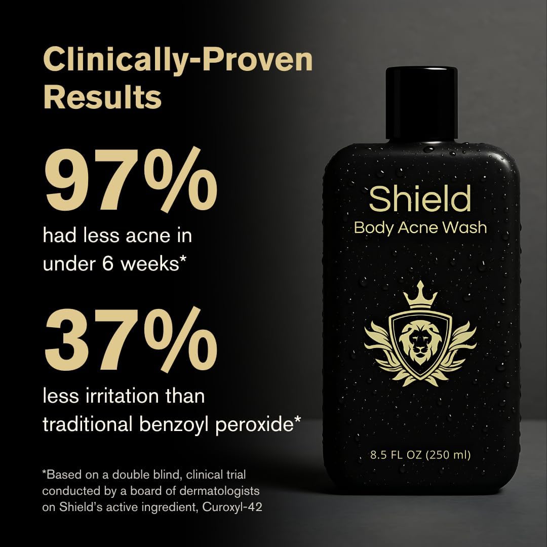 Shield Body Acne Wash for Back, Chest & Shoulders – 10% Benzoyl Peroxide, Unscented, 8.5 oz