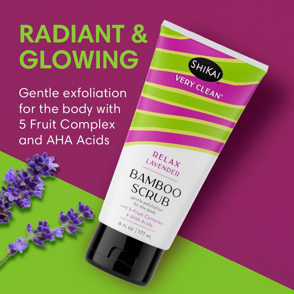 ShiKai Very Clean Bamboo Body Scrub (Relax Lavender, 6 oz) – Gentle Hydration + Exfoliation with 5-Fruit Complex & AHA Acids