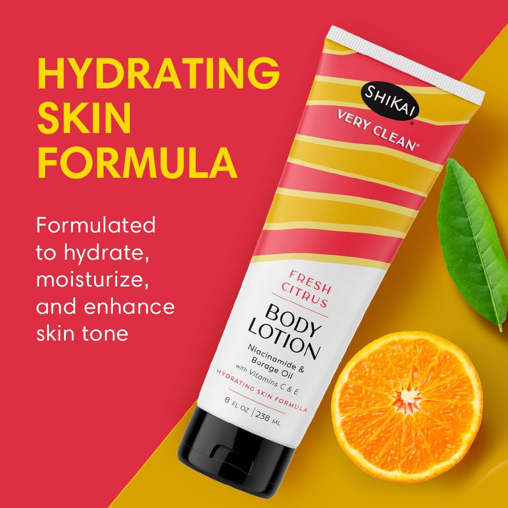 ShiKai Very Clean Body Lotion – Fresh Citrus (8 oz) | Hydrating Moisturizer with Niacinamide, Borage Oil & Vitamins C & E