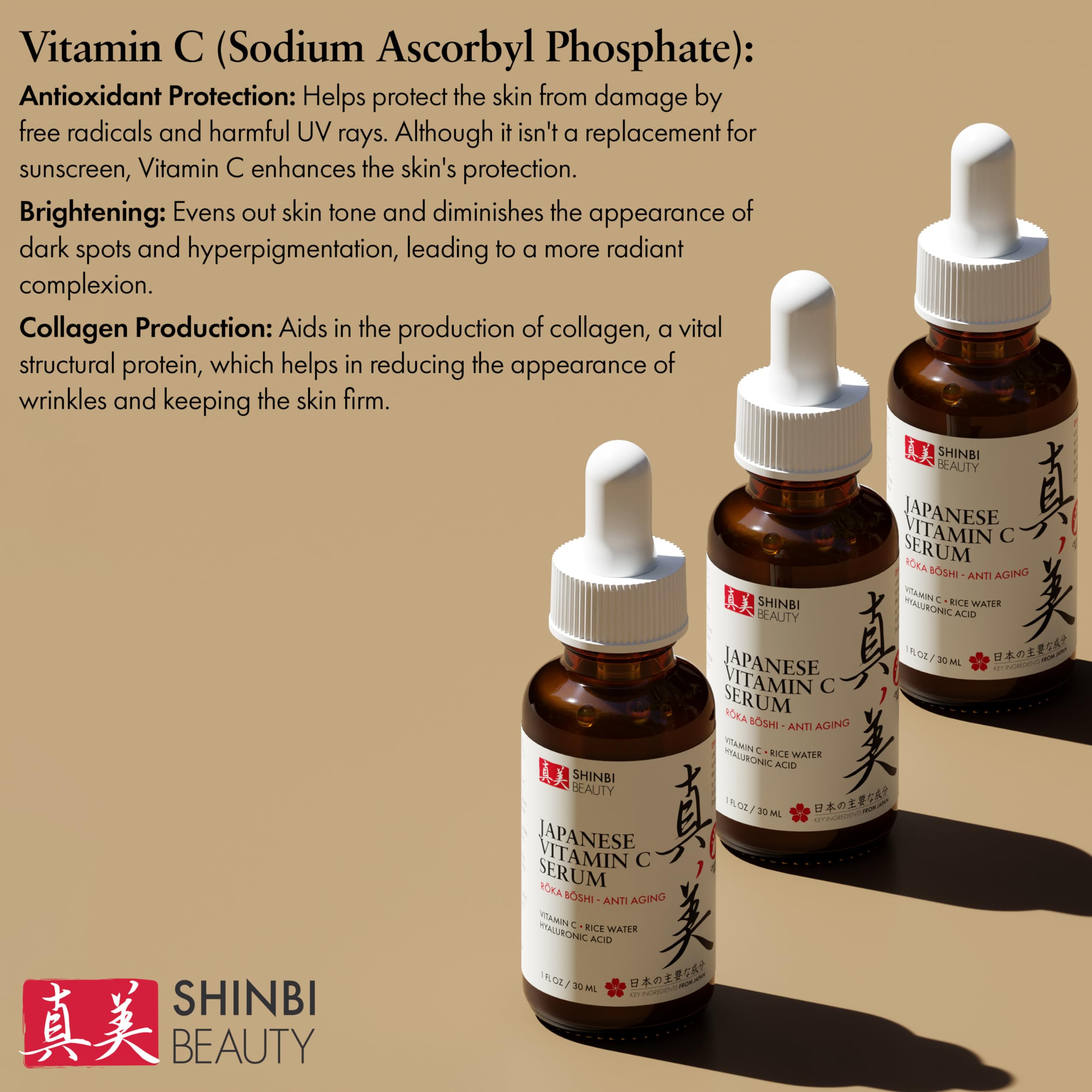 Shinbi Beauty Japanese Vitamin C Serum with Rice Water + Hyaluronic Acid – Glow & Hydration (1 oz)