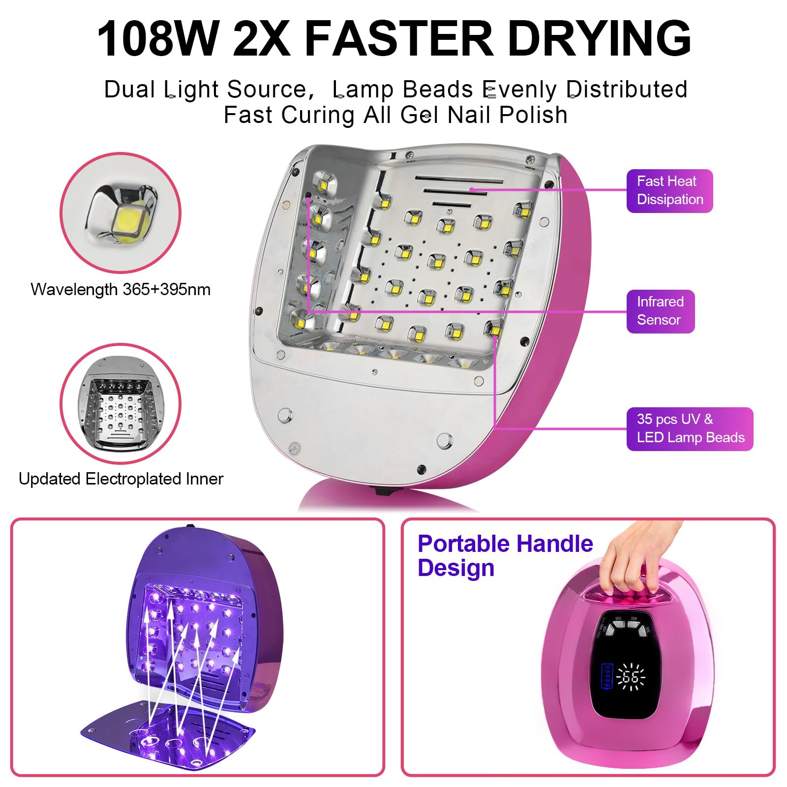 ShineCai UV LED Nail Lamp Dryer 108W – Cordless, Fast Gel Curing, 4 Timer