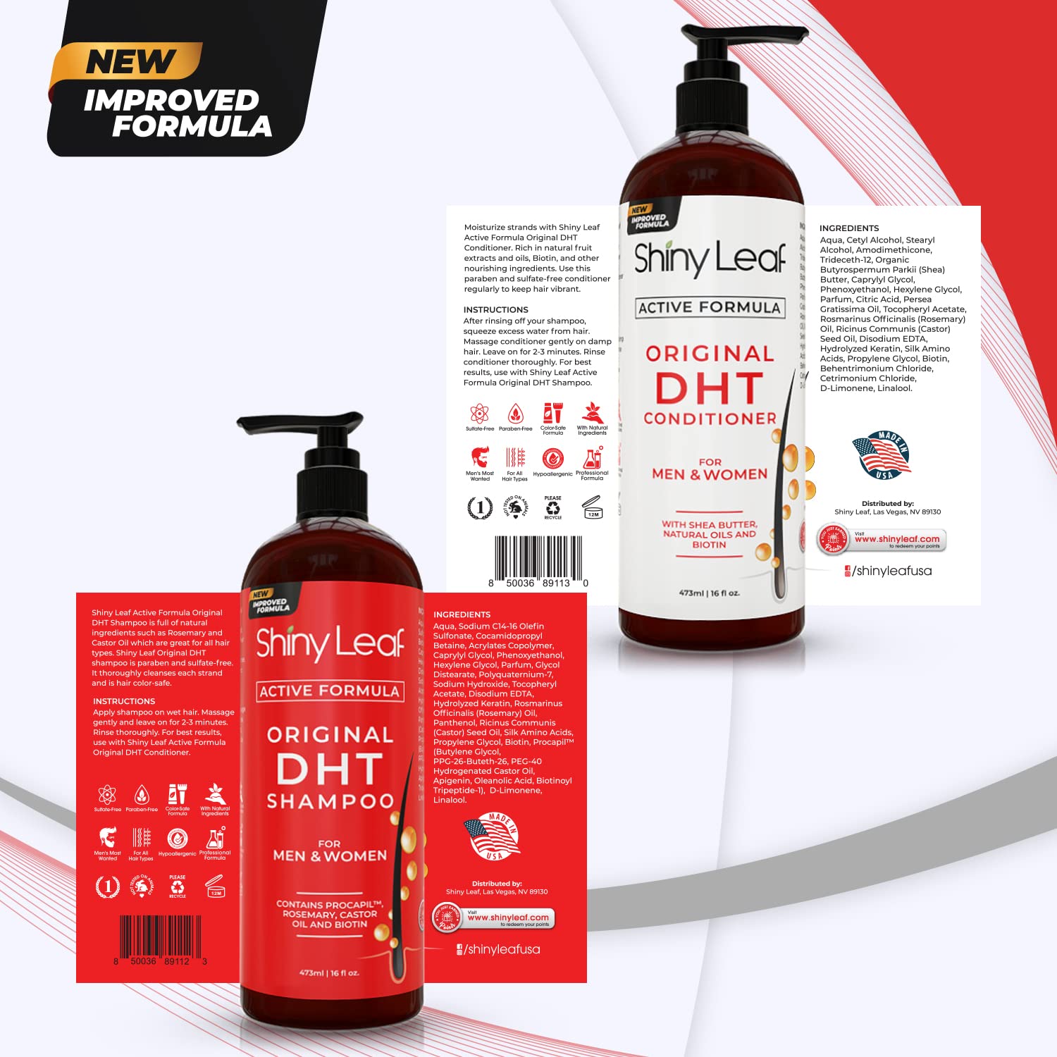 Shiny Leaf DHT Blocker Shampoo & Conditioner — Procapil, Biotin, Rosemary, USA Made