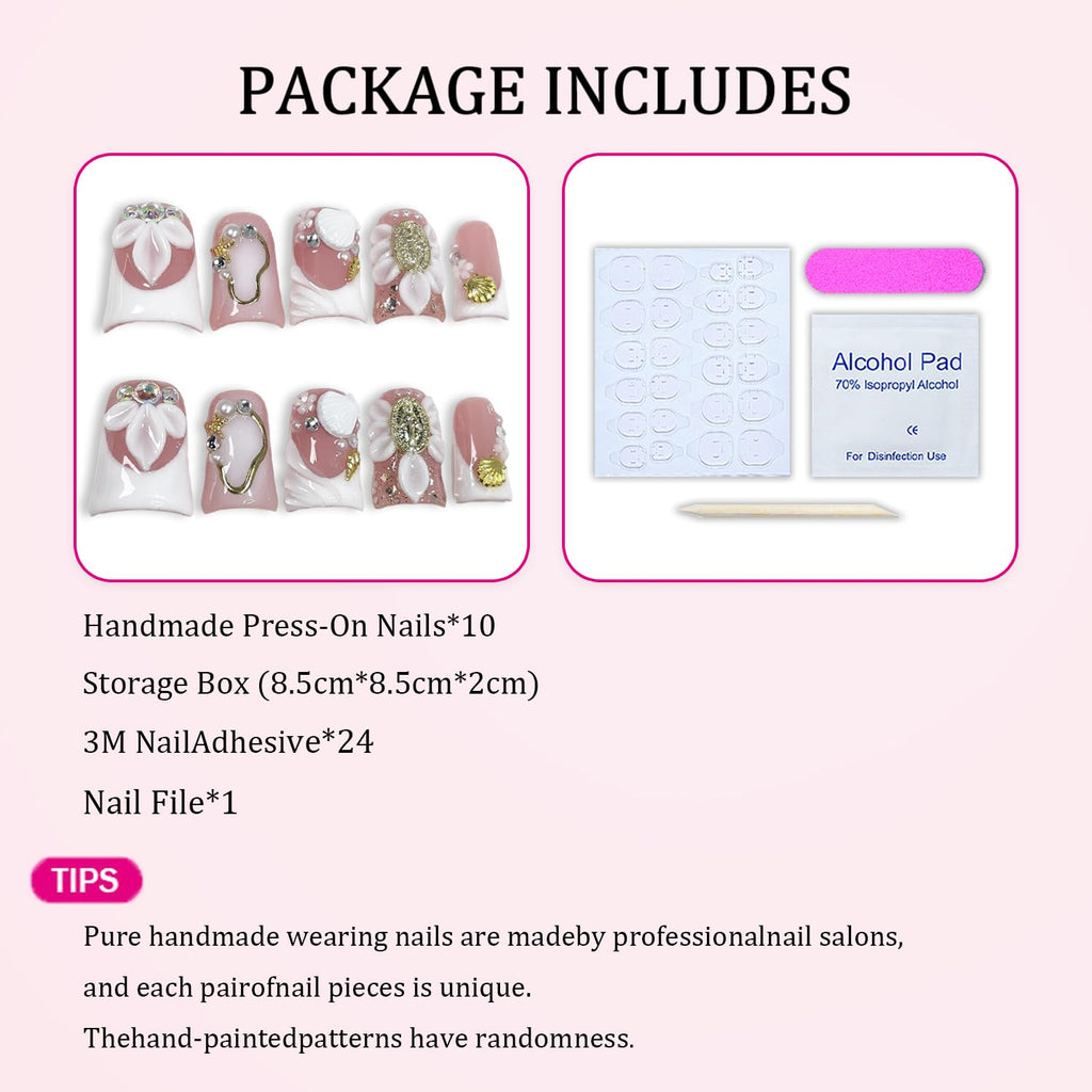 Luxury Press On Nails Short Duck – Handmade 3D Shell & Flower, White French Tip