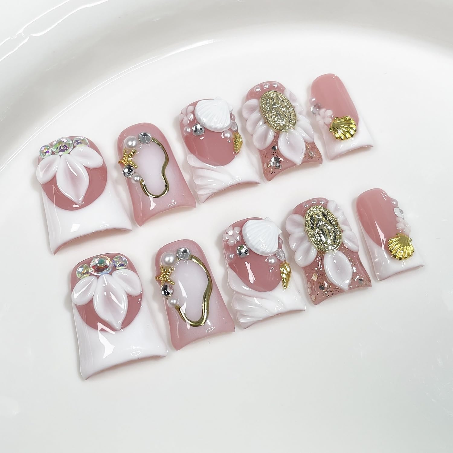 Luxury Press On Nails Short Duck – Handmade 3D Shell & Flower, White French Tip