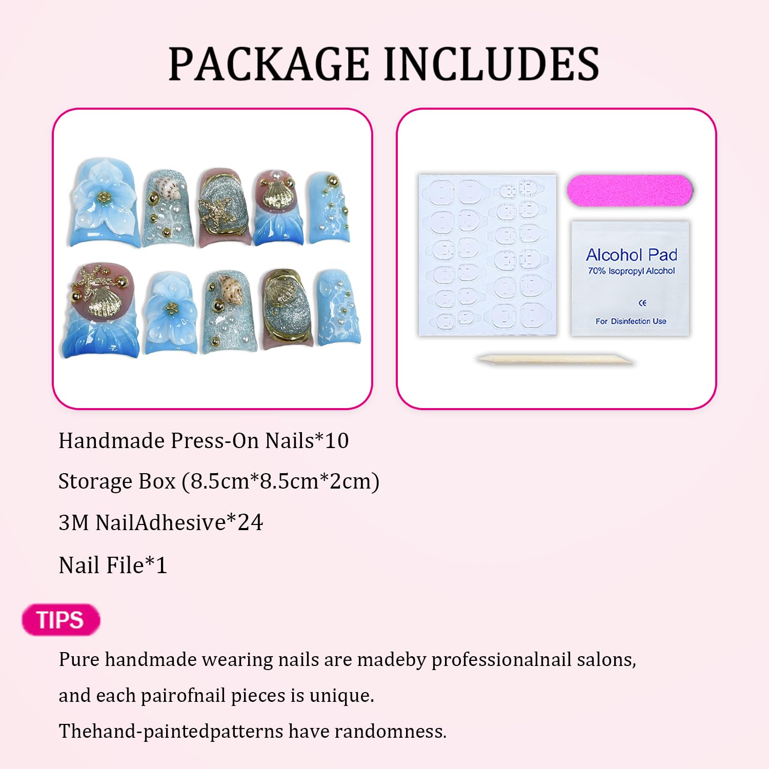 Short Duck Press on Nails — Handmade 3D Floral with Blue French Tip