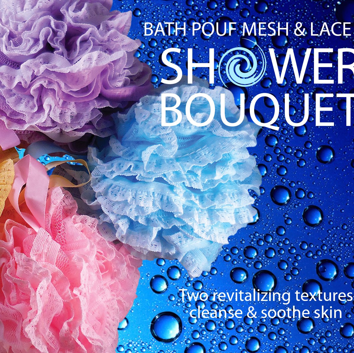 Shower Bouquet Lace-Mesh Loofah Set – 4-Pack 60g Poufs, Dual-Scrub Exfoliators