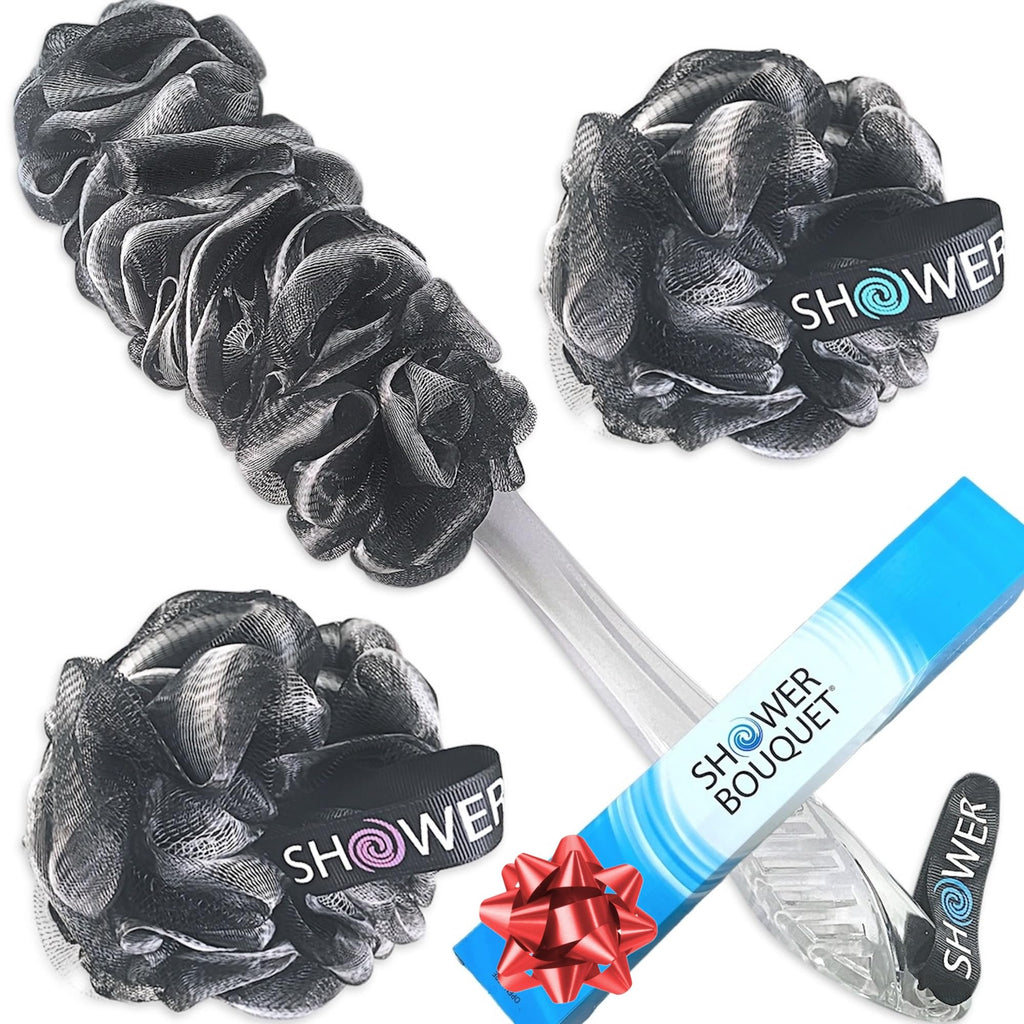 Shower Bouquet Loofah-Charcoal Back-Scrubber & Bath-Sponge Set | 17-Inch Back Brush + 2 Extra-Large 75g Mesh Loofahs