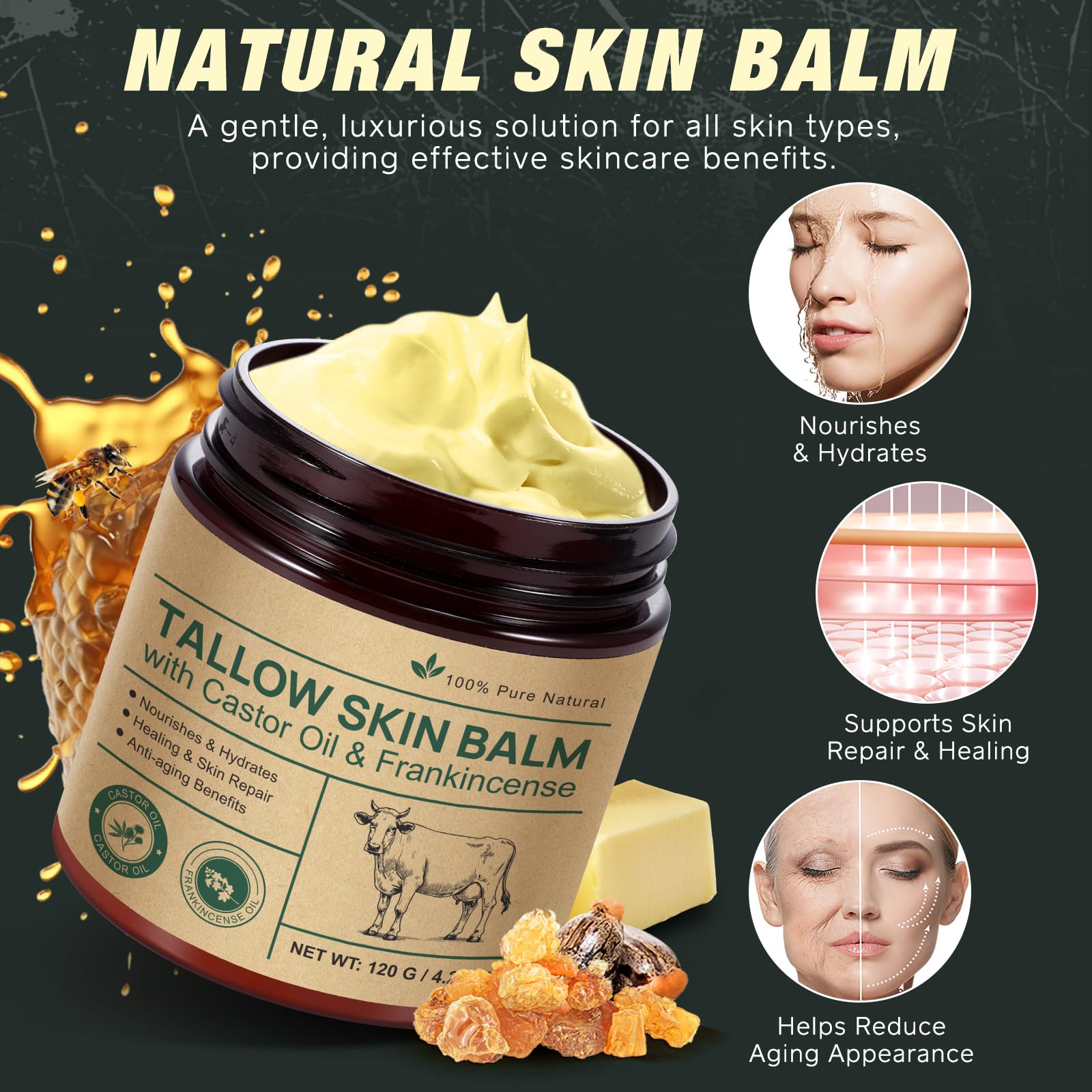 Shuangjia Handmade Tallow Balm with Castor Oil & Frankincense — Grass-Fed Skin Moisturizer for Face & Body